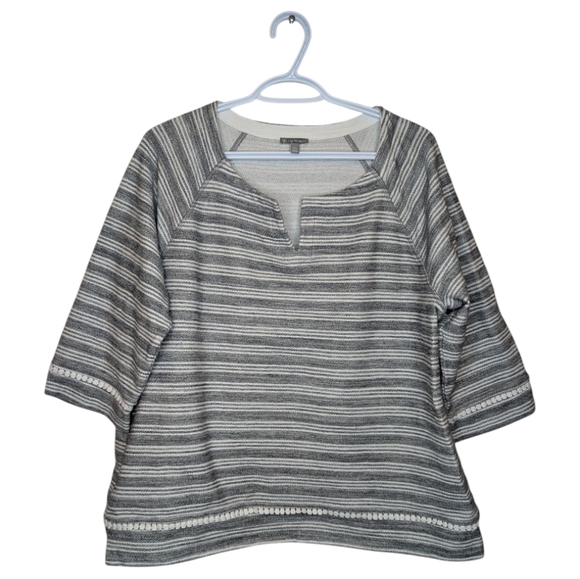 T By Talbot's Striped Cotton Blend Towel 3/4 Sleeve Striped Grey White Top XLP - Picture 1 of 9